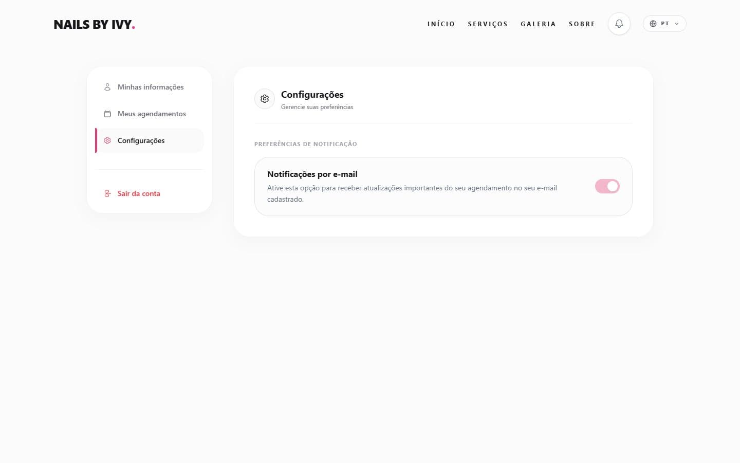 Client area with profile, bookings and notification preferences.