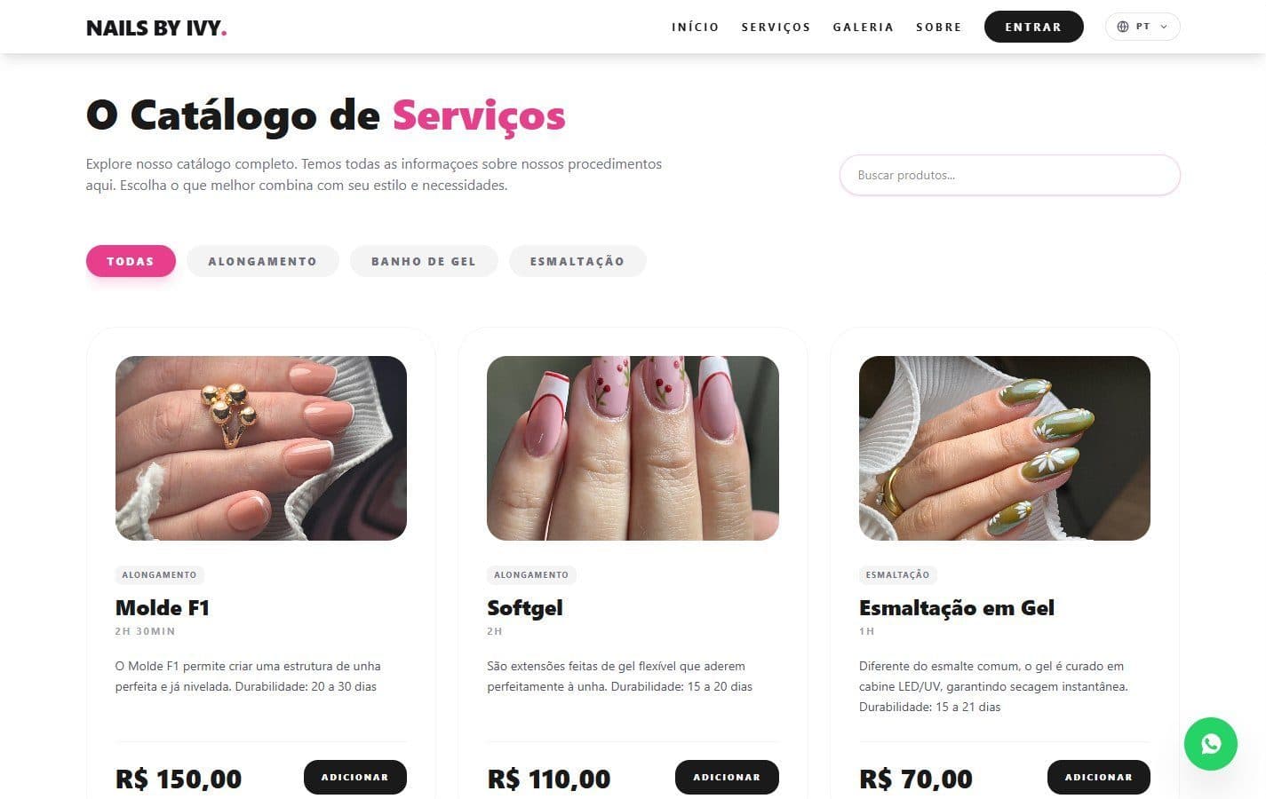 Service catalog with category filters and search.