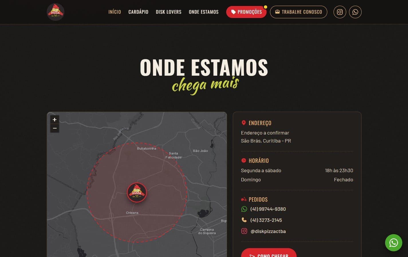 Map with the free delivery area drawn on it.